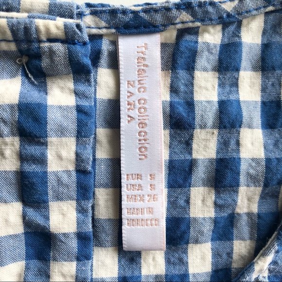 Zara Gingham White Blue Check Ruffle Top Crew Neck - Picture 7 of 9